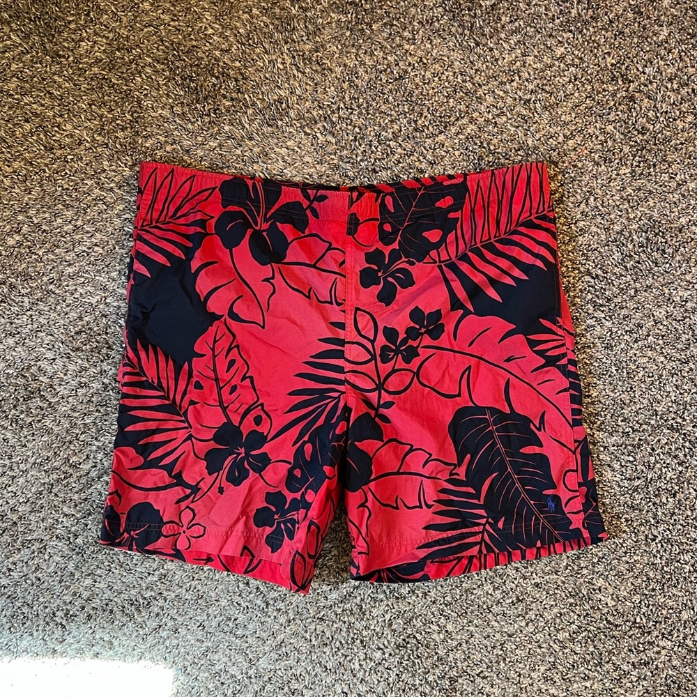 Polo Sport 90s Red and Black Tropical Print Swim Trunks Beach Vacation